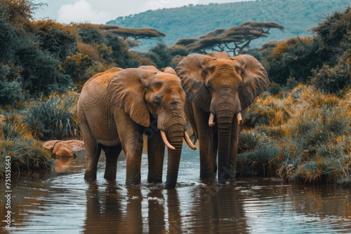 Two elephants stand at water’s edge in a savannah, bonding in a serene moment within the wild African terrain. Majestic pair of elephants at a watering hole, surrounded by vibrant grasses under soft.