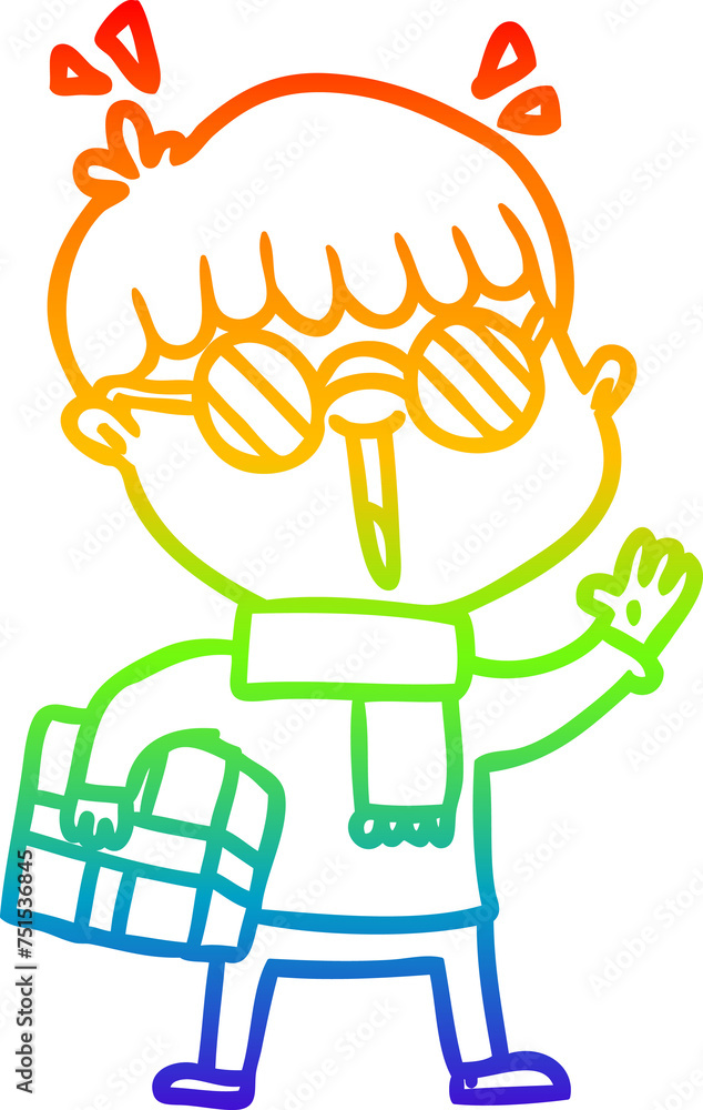 rainbow gradient line drawing cartoon boy with parcel waving rainbow gradient line drawing cartoon boy with parcel waving