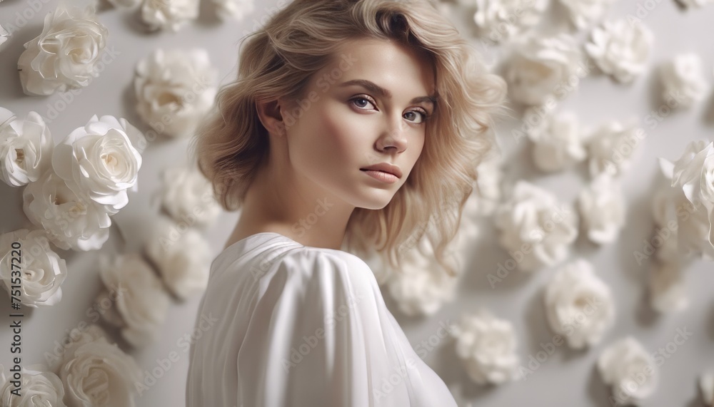 Beautiful tender woman in white dress posing by the background of white paper flowers Beautiful tender woman in white dress posing by the background of white paper flowers