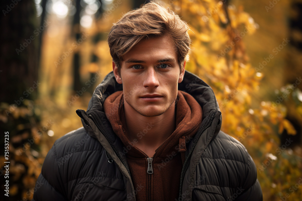 Portrait of nice guy young student walking in autumn park enjoying nature generative AI Portrait of nice guy young student walking in autumn park enjoying nature generative AI