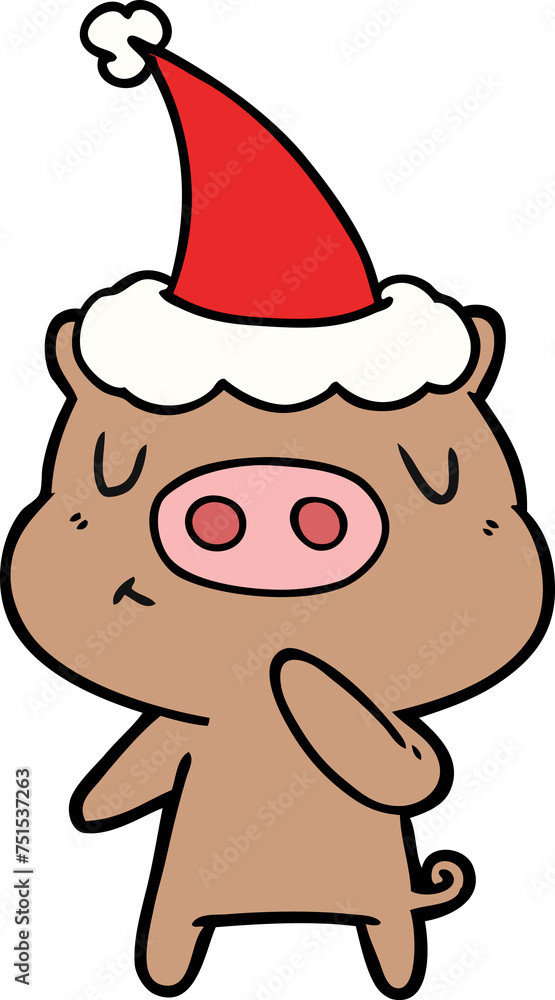 Fototapeta premium line drawing of a content pig wearing santa hat