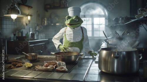 Frog chef cooks preparing food in restaurant kitchen. Animal chef
