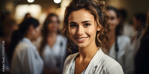 Confident female doctornurse happily poses in a medical seminar radiating professionalism. Concept Professionals in healthcare, Confidence in work, Female empowerment, Medical seminars