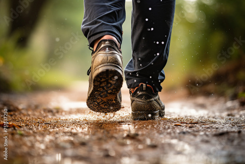Generative AI cropped photo of human legs in waterproof shoes on a trail in forest or park