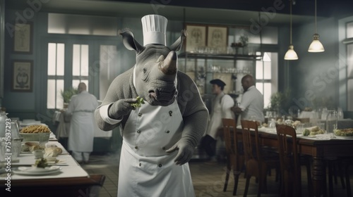 Rhinoceros chef cooks preparing food in restaurant kitchen. Animal chef