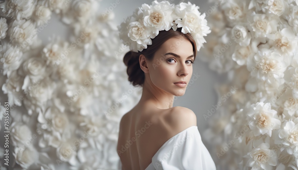 Beautiful tender woman in white dress posing by the background of white paper flowers Beautiful tender woman in white dress posing by the background of white paper flowers