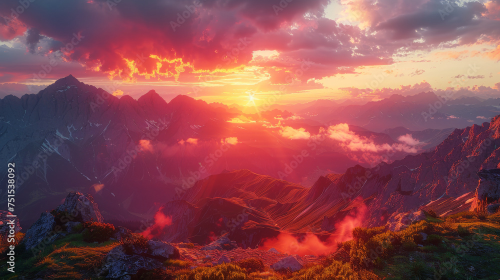 Majestic sunset in the mountains landscape. Dramatic sky.