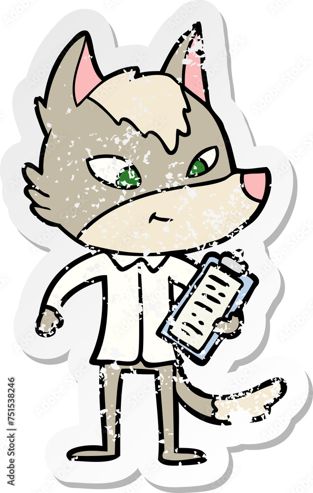 distressed sticker of a friendly cartoon wolf manager distressed sticker of a friendly cartoon wolf manager