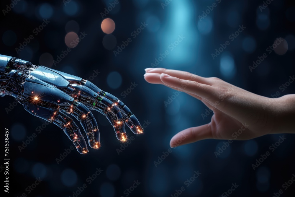 Hands of human and artificial intelligence technology touching for big data network exchange. Hands of human and artificial intelligence technology touching for big data network exchange.