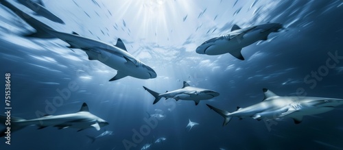 A majestic school of sharks gracefully swimming in the crystal clear ocean waters