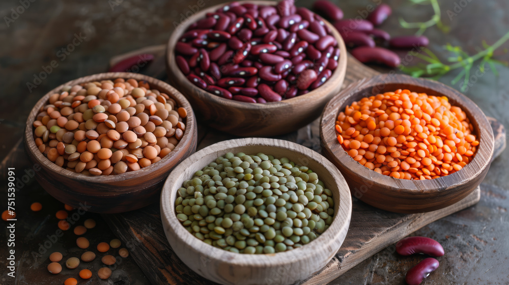 Different legume grains, beans lentils peas in different containers, bags counter for sale