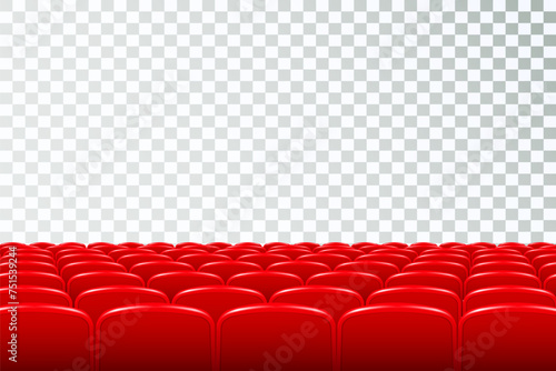Rows of red cinema or theater seats in front of transparent background. Rows of theater movie or cinema seats isolated on white. Vector.