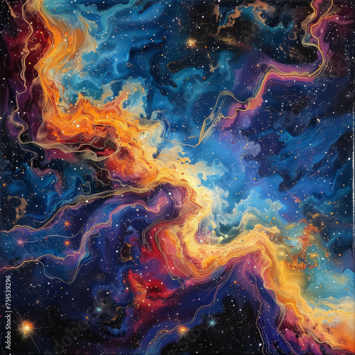 A painting of a galaxy with a bright orange and blue swirl