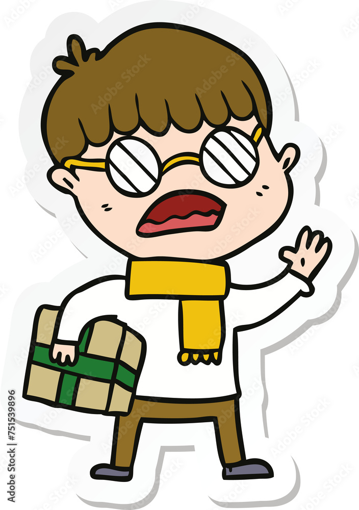 sticker of a cartoon boy holding gift and wearing spectacles