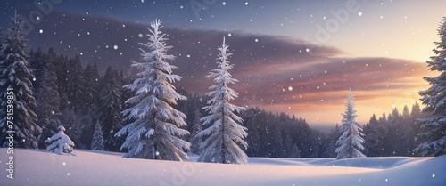 christmas festive background Snowfall Tranquil Christmas scene with falling snow and fir trees © Fukurou