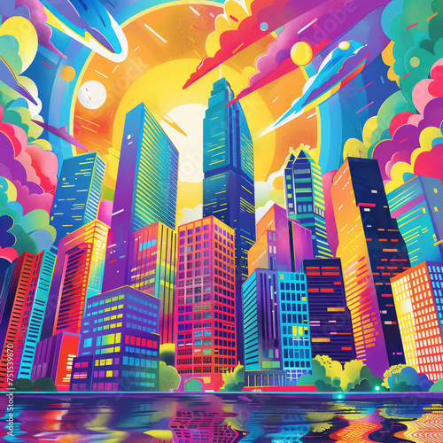 A colorful cityscape with a large sun in the sky
