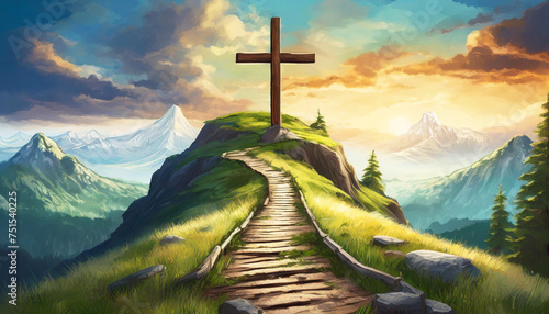 Big wooden cross standing on hiking trail summit on top of mountain peak. Religion concept in rolling hills mountain landscape. ai generated digital art photo