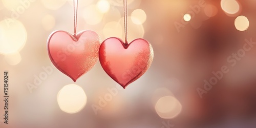 Valentine's Day background. Heart shape decor on a blurred Background for Valentine's Day. Romantic heart shape hanging for Valentine's Day celebration photo