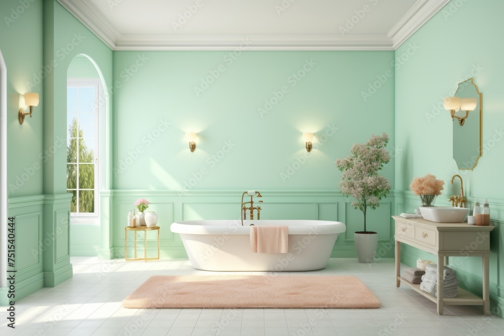 Elegant light green bathroom with modern bathtub and stylish decor for relaxation and rejuvenation. Elegant light green bathroom with modern bathtub and stylish decor for relaxation and rejuvenation.