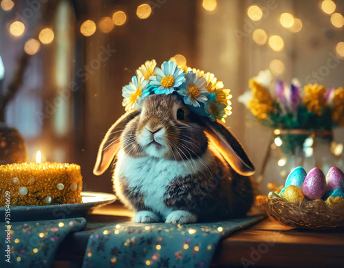 Cute Easter bunny rabbit in festive scene sitting relaxed with colorful flower crown, painted Easter eggs and a blurry fairy lights background. Digital art ai generated. © Laura