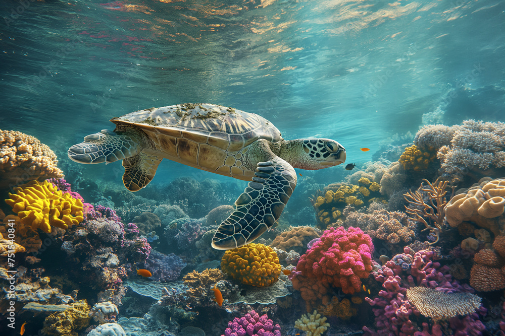 Green sea turtle on a coral reef in the Red Sea Green sea turtles swim around colorful coral reefs in the wild. Nature