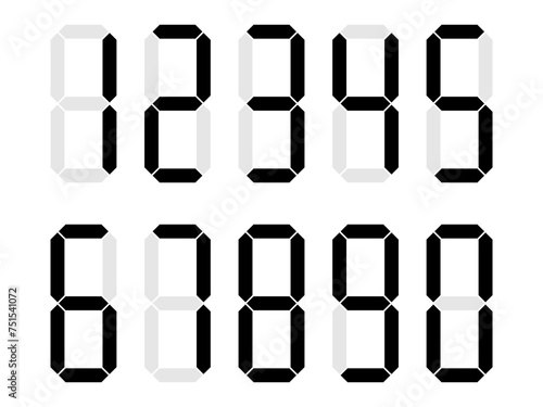 Digital clock numbers set. Electronic figures. Black digital calculator numbers. Vector illustration