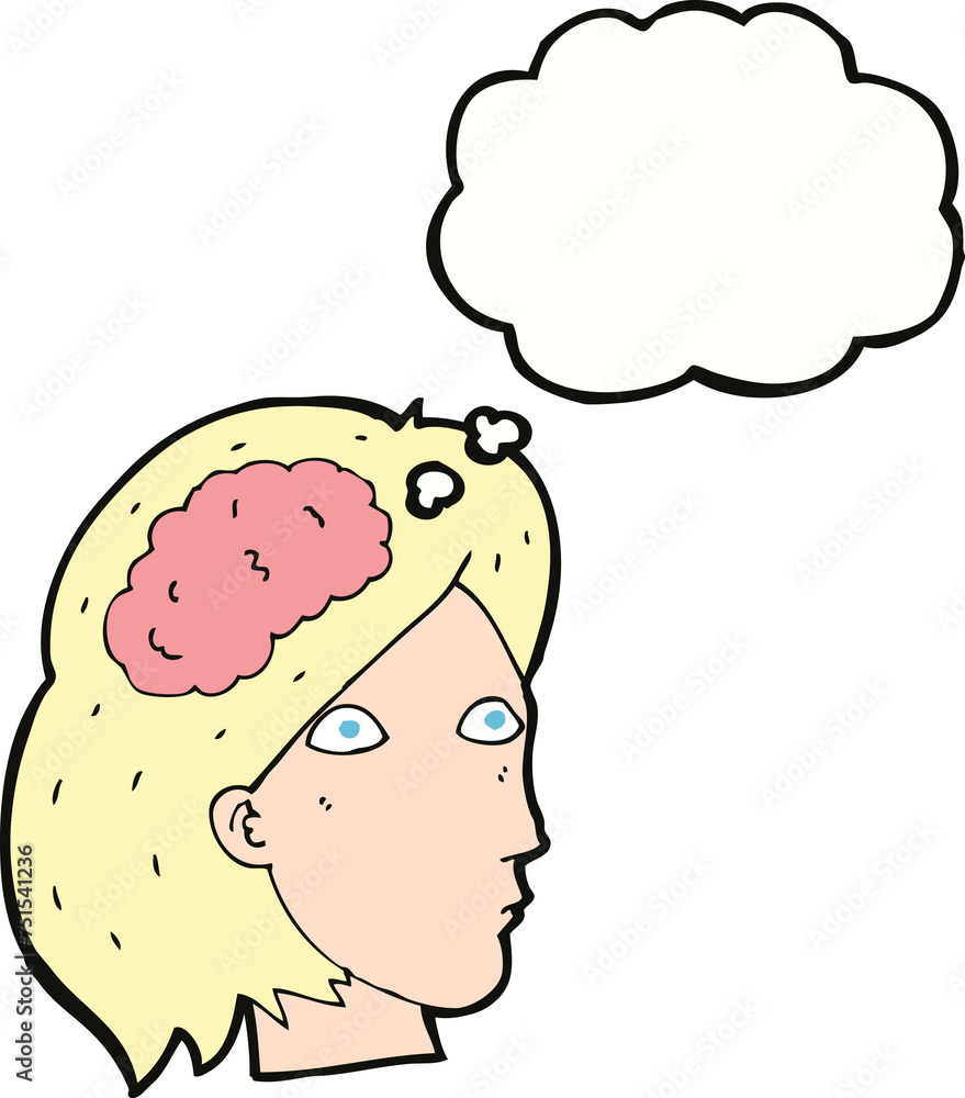 cartoon female head with brain symbol with thought bubble
