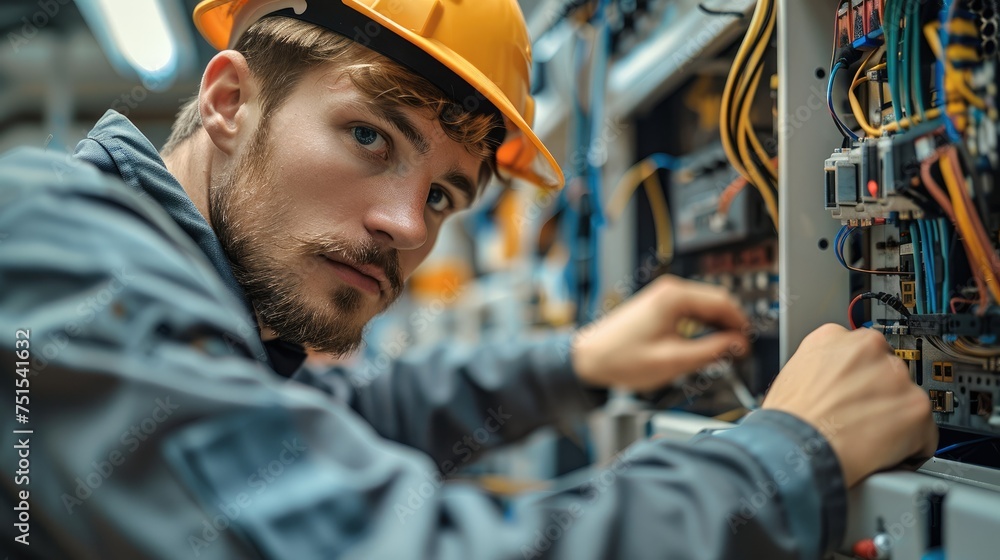 Portrait of a professional electrician while repairing an electrical appliance. Generative AI. Portrait of a professional electrician while repairing an electrical appliance. Generative AI.