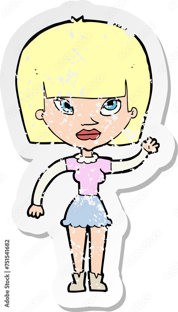 retro distressed sticker of a cartoon woman waving retro distressed sticker of a cartoon woman waving