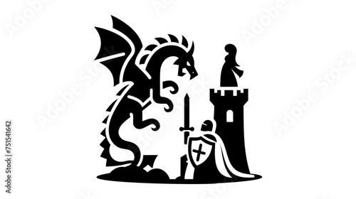 knight fighting a dragon to save princess. vector illustration on white background