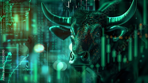 A close up of a bull's head in front of a stock chart. Bull market, financial and business concept