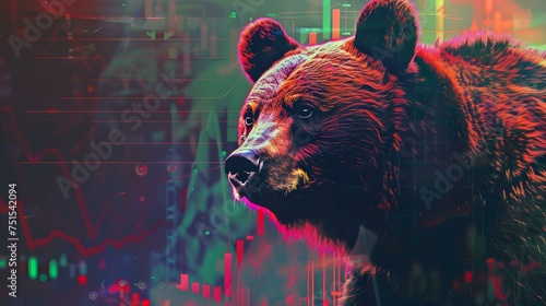 Bear in front of a stock chart. Bear market, financial and business concept