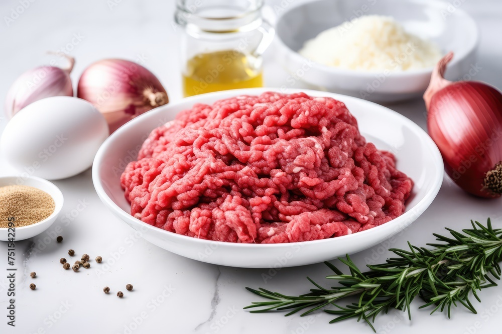 Minced Meat, Onions, Eggs on White Table, Ground Fresh Meat Fillet, Uncooked Red Mincemeat, Raw Veal Minced Meat, Onions, Eggs on White Table, Ground Fresh Meat Fillet, Uncooked Red Mincemeat, Raw Veal