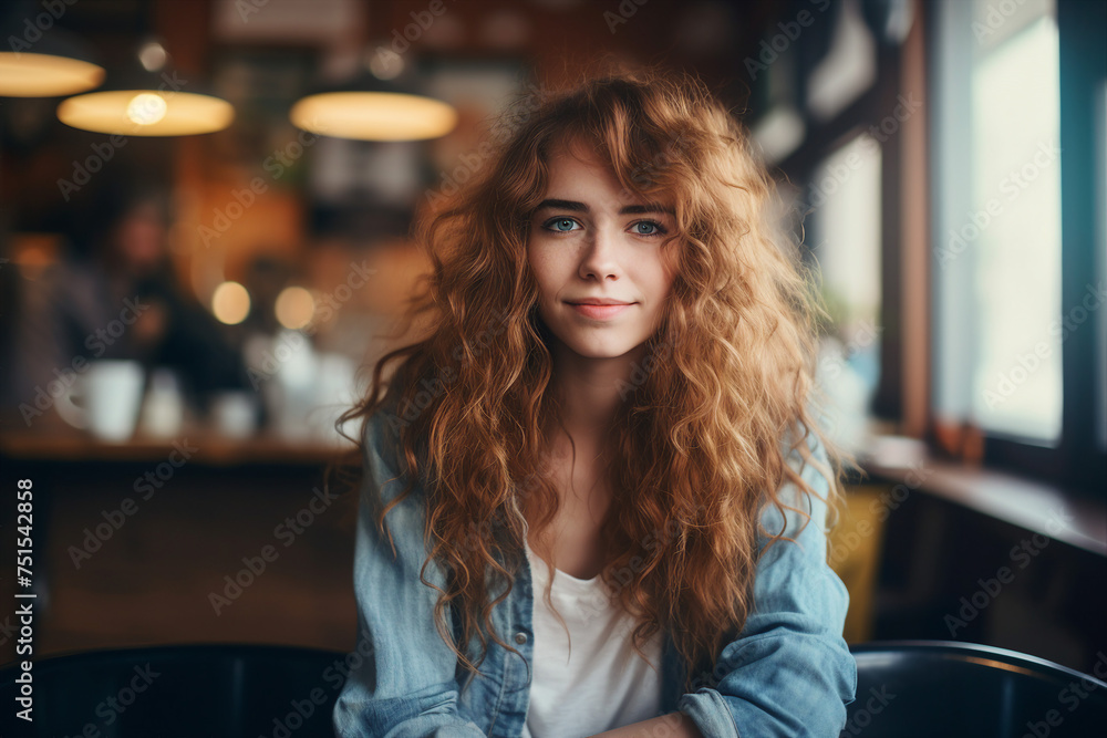 Generative AI image of cute woman enjoying break pause in modern cafe Generative AI image of cute woman enjoying break pause in modern cafe