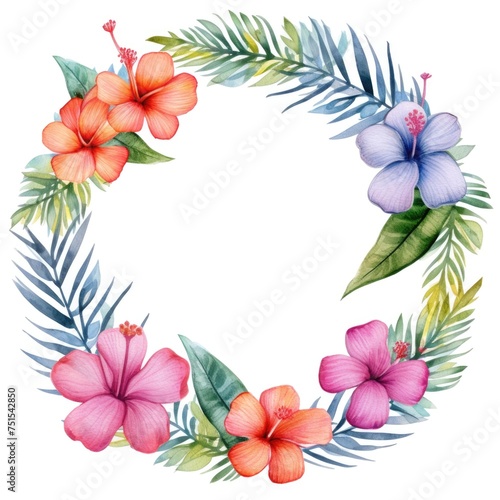 Circle frame of watercolor tropical flowers and leaves on white background.