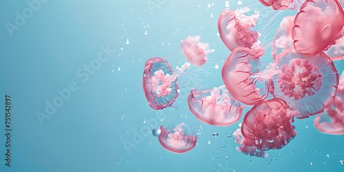 Ethereal pink jellyfish floating in a serene blue ocean. beatific underwater scene for calm backgrounds. dreamy marine life. AI