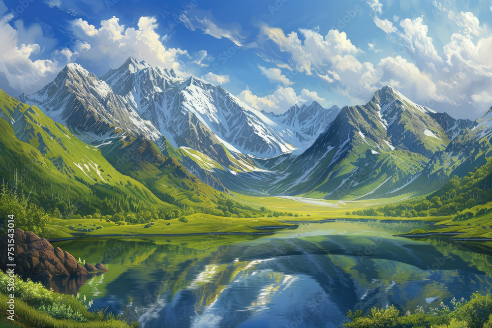 a breathtaking landscape painting of snow-capped mountains melting into lush green valleys, with a crystal-clear lake reflecting the clouds above.
