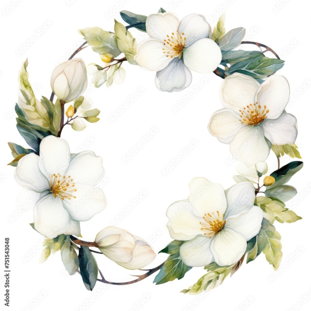 Fototapeta premium Circle frame of watercolor flowers and leaves on white background.