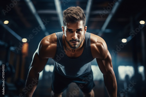 Generative AI image of young strong muscular man bodybuilder coach training in gym © Tetiana