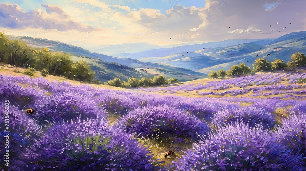 Lavender Fields at Sunset: A Scenic Landscape with Rolling Hills and Buzzing Bees Lavender Fields at Sunset: A Scenic Landscape with Rolling Hills and Buzzing Bees