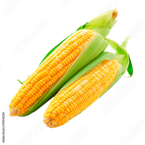 Two yellow corn cobs with green leaves Isolated on transparent background, PNG