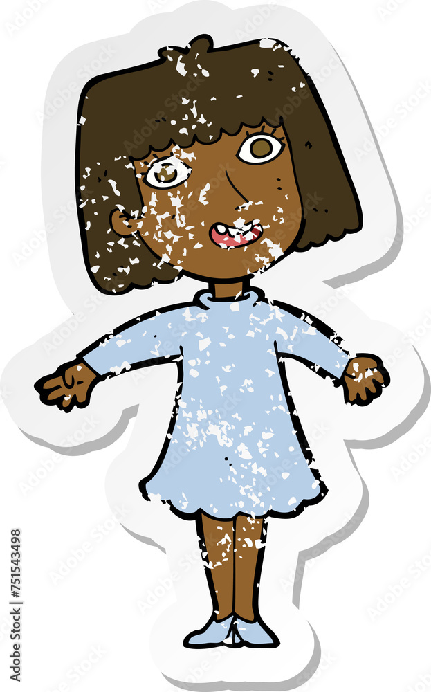retro distressed sticker of a cartoon happy woman in dress retro distressed sticker of a cartoon happy woman in dress
