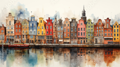 Colorful European buildings and their reflection in water are depicted in an artistic watercolor illustration.