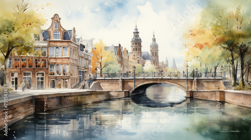 In the captivating watercolor scene, a historic European town is depicted with a bridge over a calm canal, flanked by autumn trees.