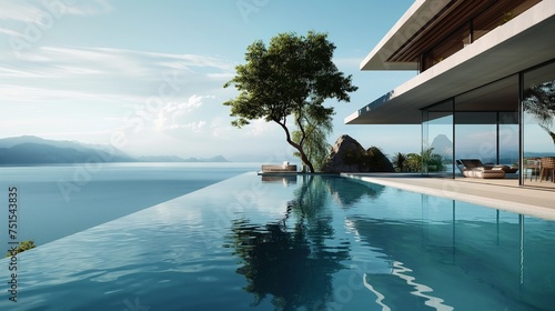 Panoramic perfection in a high-quality image of a luxurious pool, where vanishing edges meet a stunning backdrop of upscale design
