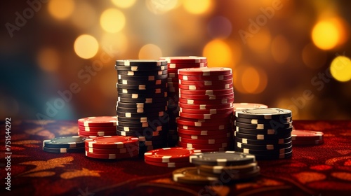 Glowing stack of poker chips on minimalistic studio background with dramatic lighting and copy space