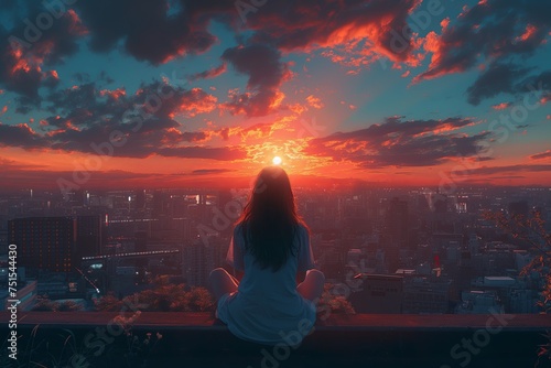 An anime girl gazes at the city as the sun sets, while a charming woman admires the cityscape under the nighttime sky
