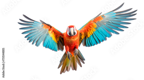 A colorful parrot is flying in the air with its wings spread wide Isolated on transparent background, PNG