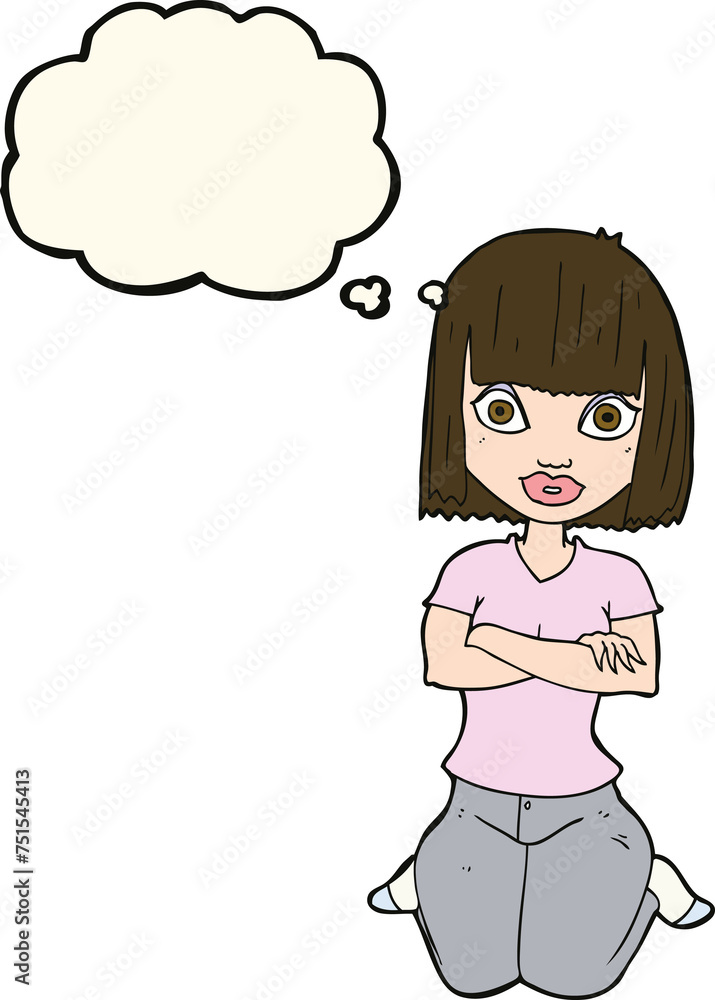 cartoon woman kneeling with thought bubble cartoon woman kneeling with thought bubble