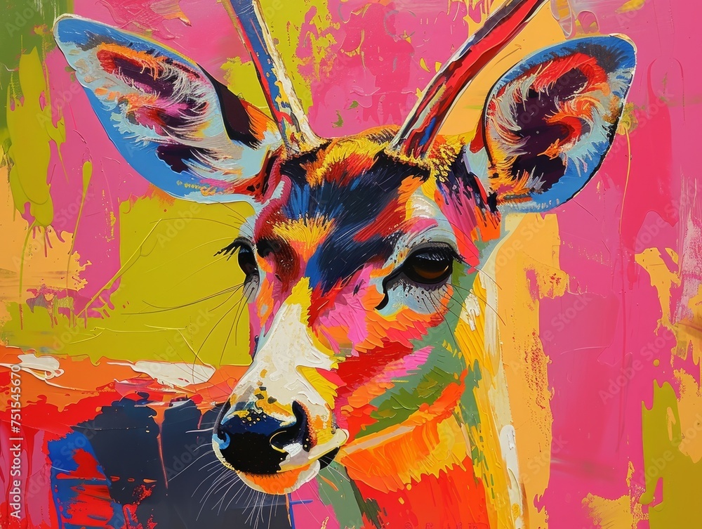 A colorful painting of a deer with a pink background